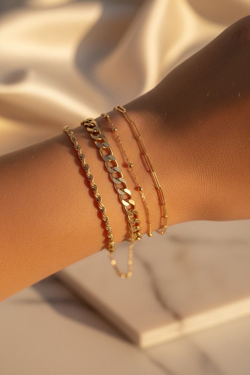 Layered chains wrist golden hour cream marble